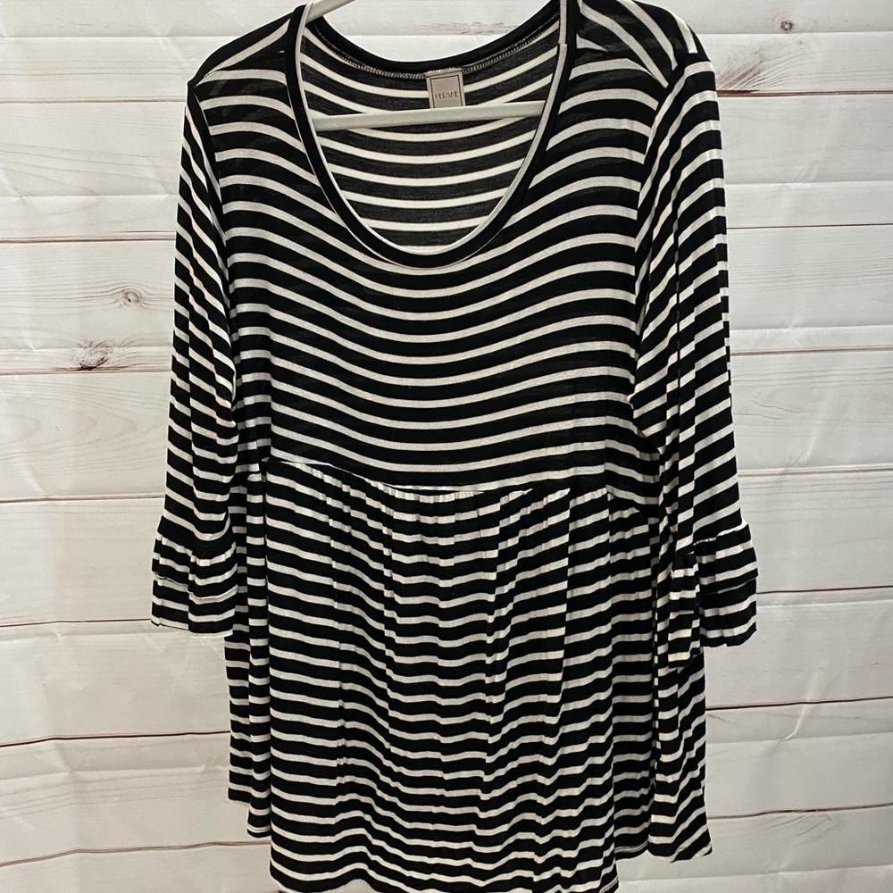 Black and white striped top with 3/4 bell sleeves